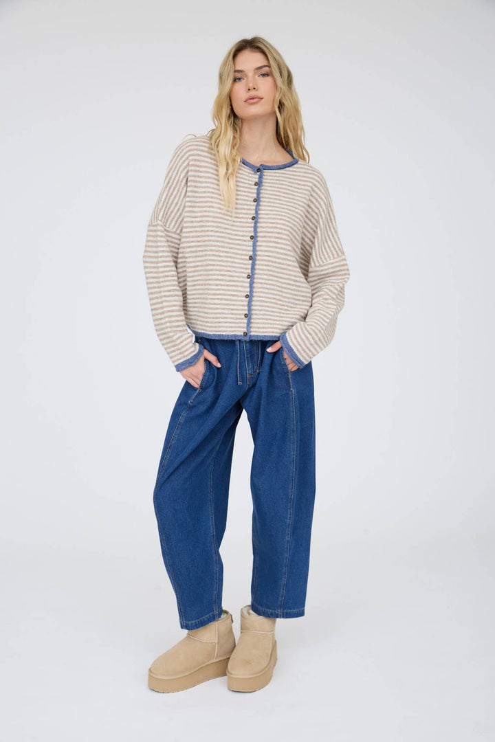 STRIPE RAW EDGE BUTTON DOWN LONG SLEEVE CARDIGAN - Baycreek & Co