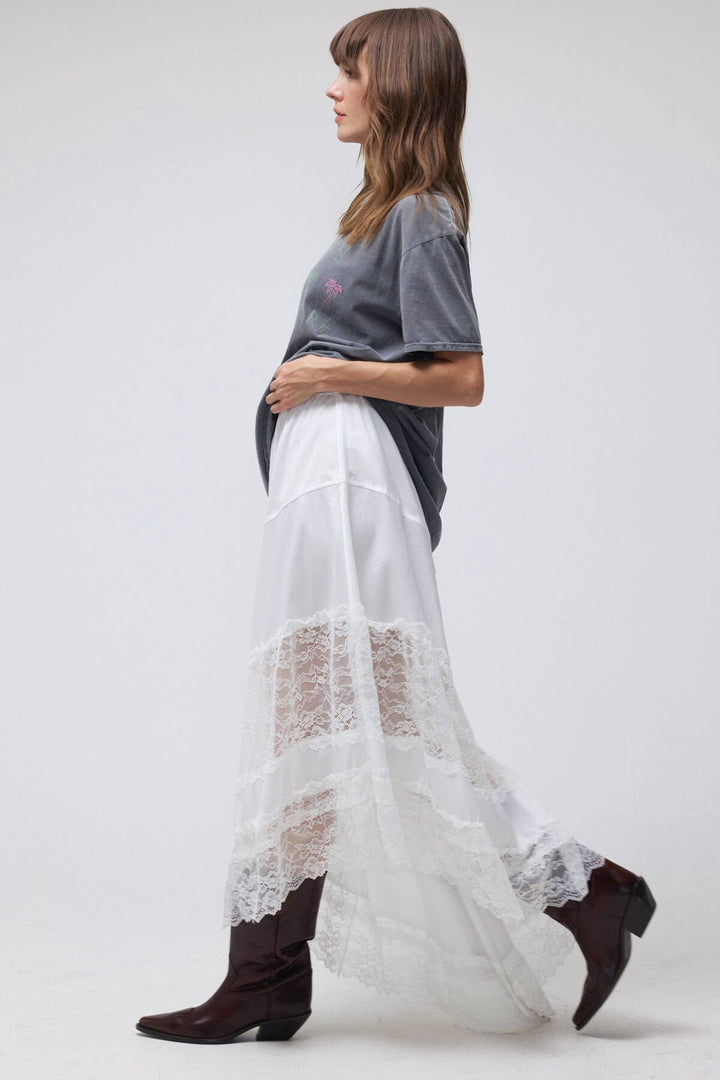 Lace Trim Asymmetrical Hem Satin Midi Skirt - Baycreek & Co