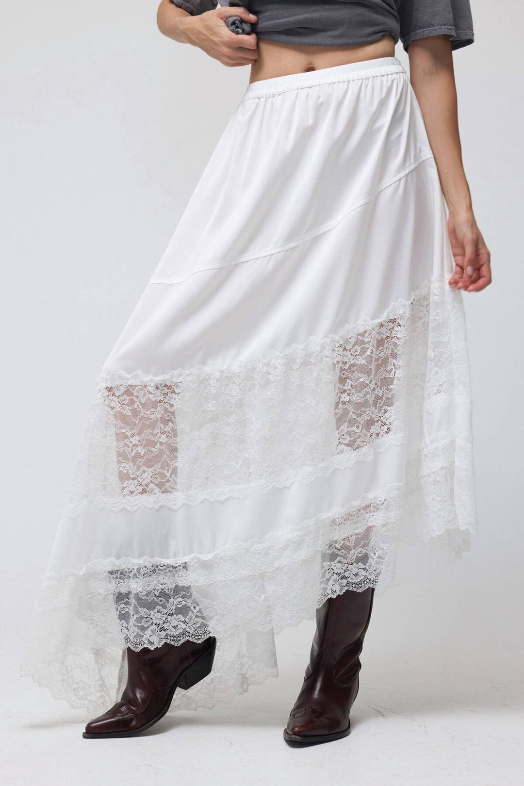 Lace Trim Asymmetrical Hem Satin Midi Skirt - Baycreek & Co