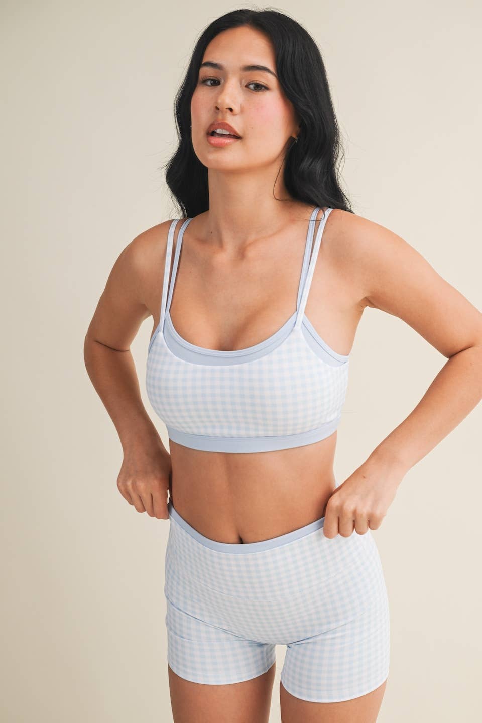 Gingham Print Double Layered Sports Bra - Baycreek & Co