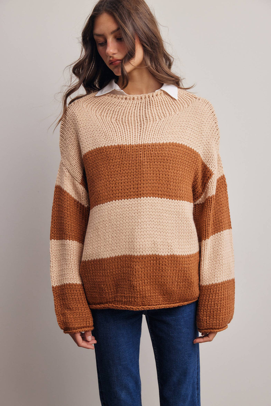 Chunky Stripe Knit Sweater FSW0072: Caramel / Contemporary / S - Baycreek & Co
