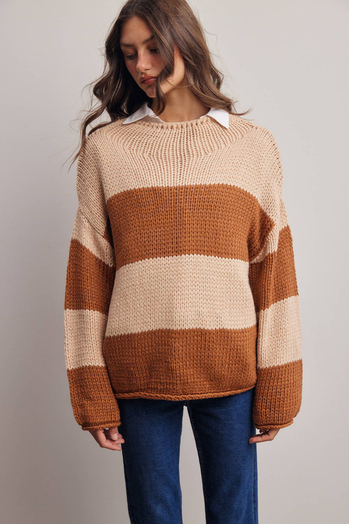 Chunky Stripe Knit Sweater FSW0072: Caramel / Contemporary / S - Baycreek & Co