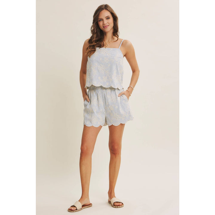 VERSATILE SUMMER STAPLE STRIPE EMBROIDERED SCALLOP SHORTS - Baycreek & Co