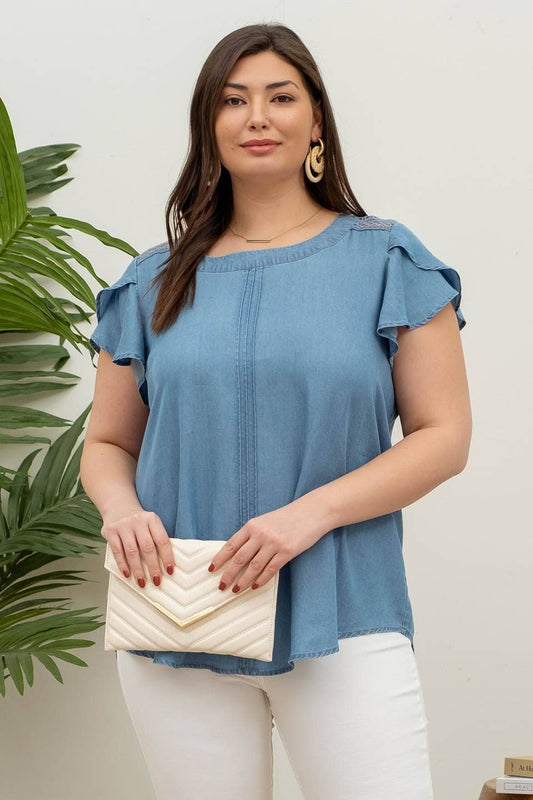 PETAL SLEEVE LACE TRIM CHAMBRAY TOP