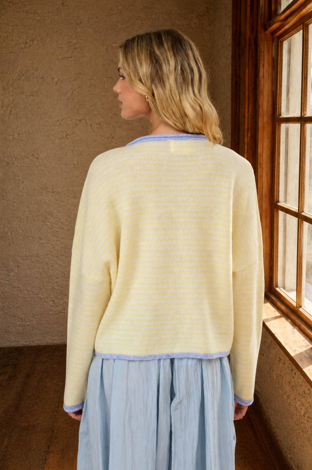 STRIPE RAW EDGE BUTTON DOWN LONG SLEEVE CARDIGAN - Baycreek & Co
