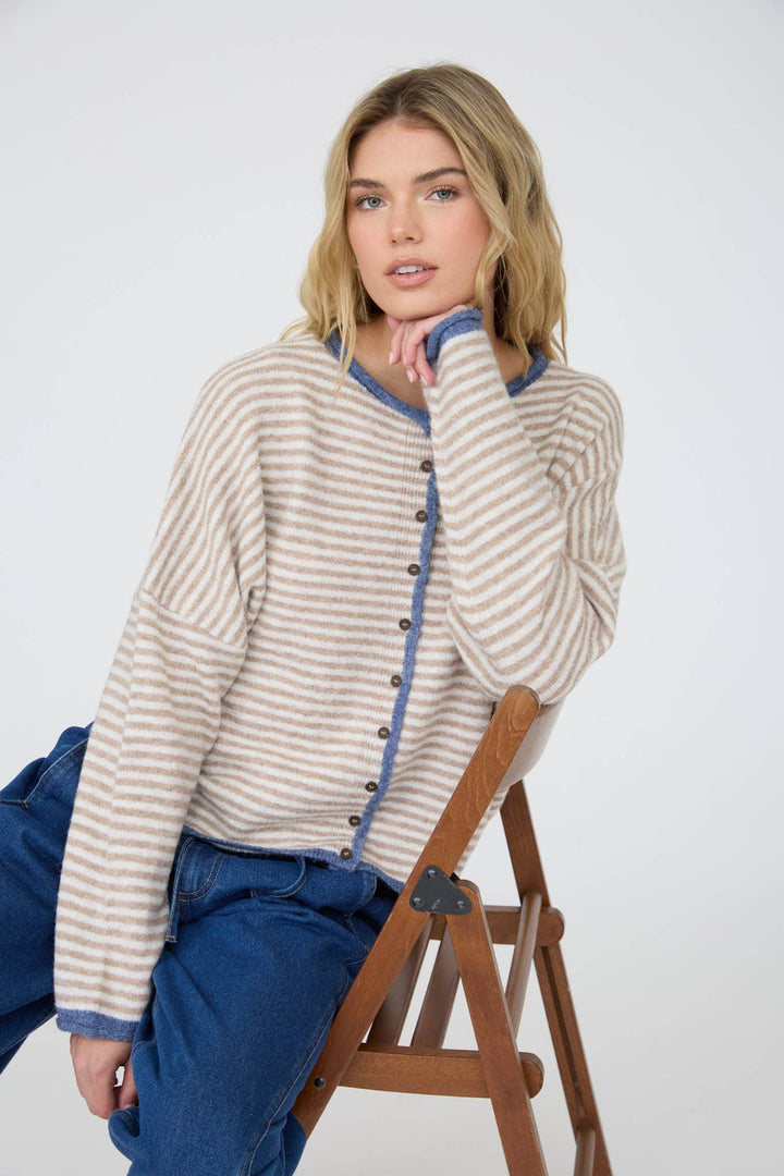 STRIPE RAW EDGE BUTTON DOWN LONG SLEEVE CARDIGAN - Baycreek & Co