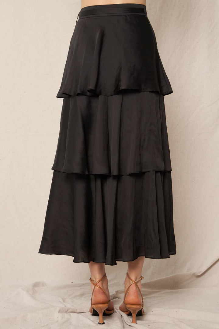 Belted Satin Tiered Midi Skirt