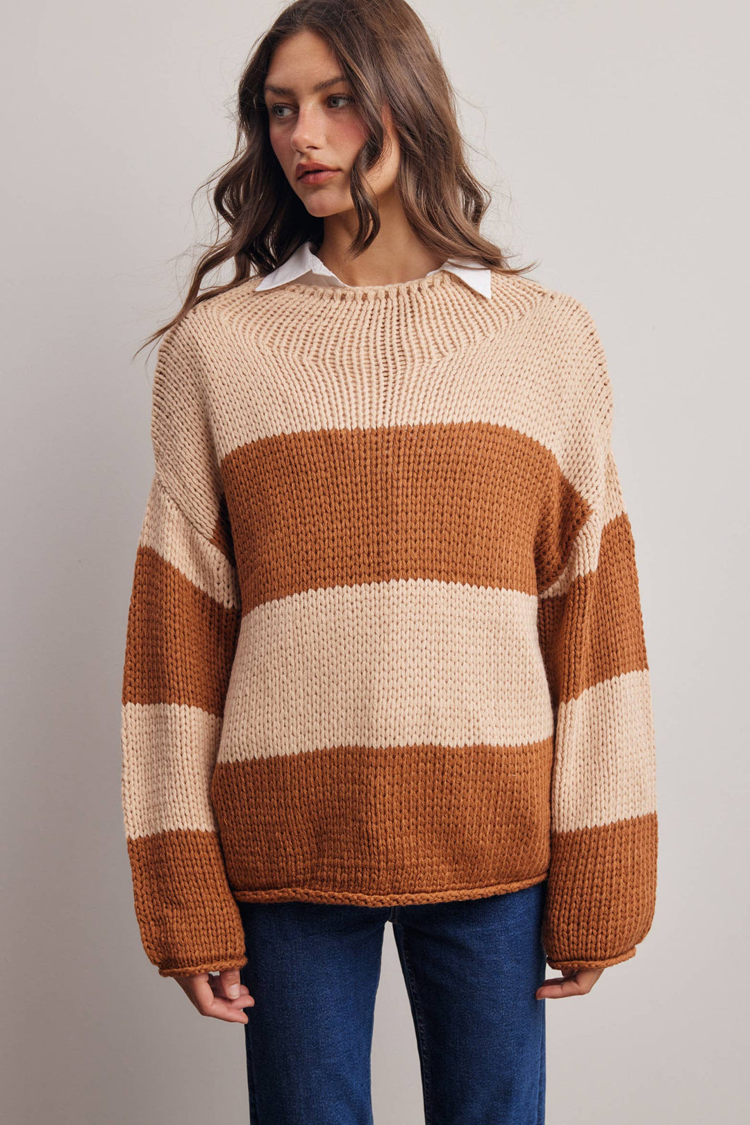 Chunky Stripe Knit Sweater FSW0072: Caramel / Contemporary / S - Baycreek & Co