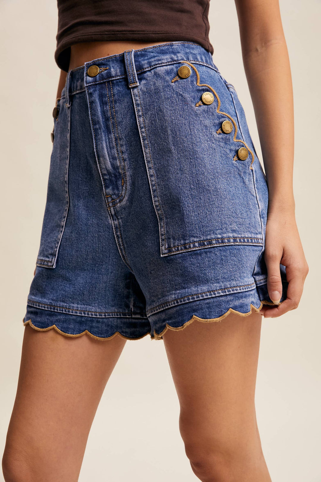 Scallop Button-Side Stretch Denim Shorts LP0277 - Baycreek & Co