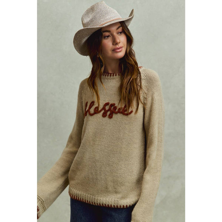 BLESSED THANKSGIVING LETTERING SWEATER TOP: OATMEAL/BRICK / M - Baycreek & Co