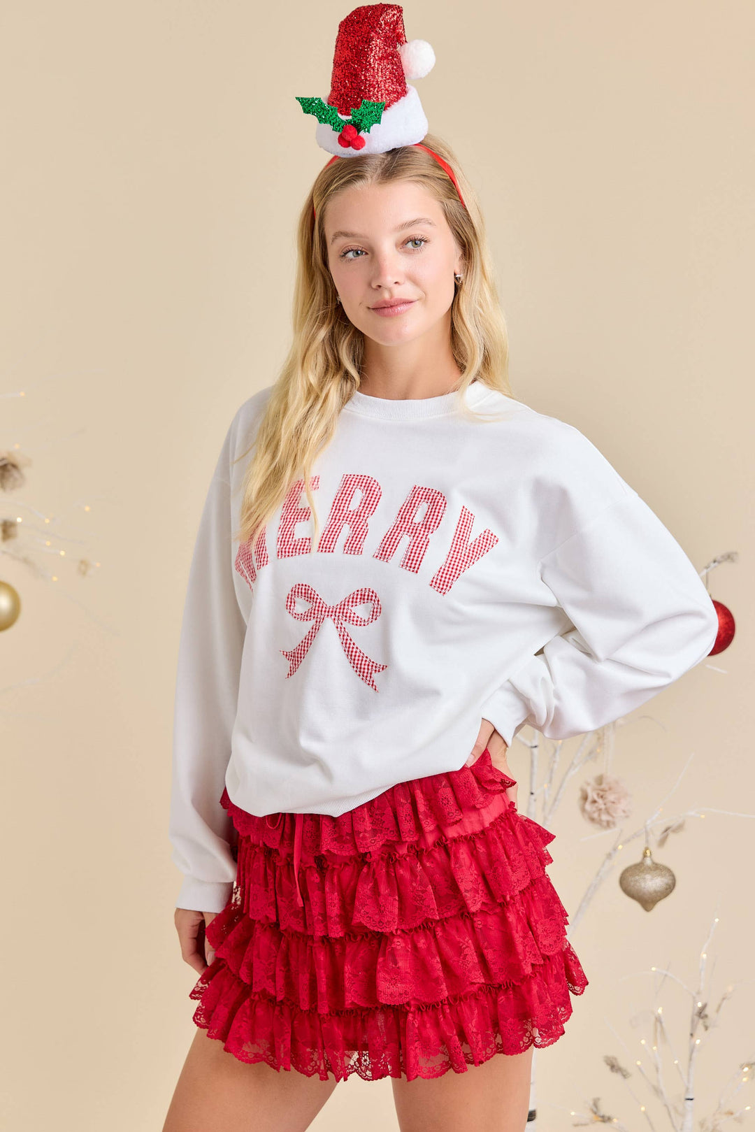 Festive Bow Embroidered Sweatshirt