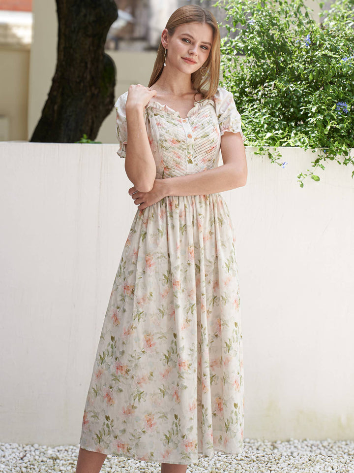 Floral Ruched Puff Sleeve Dress