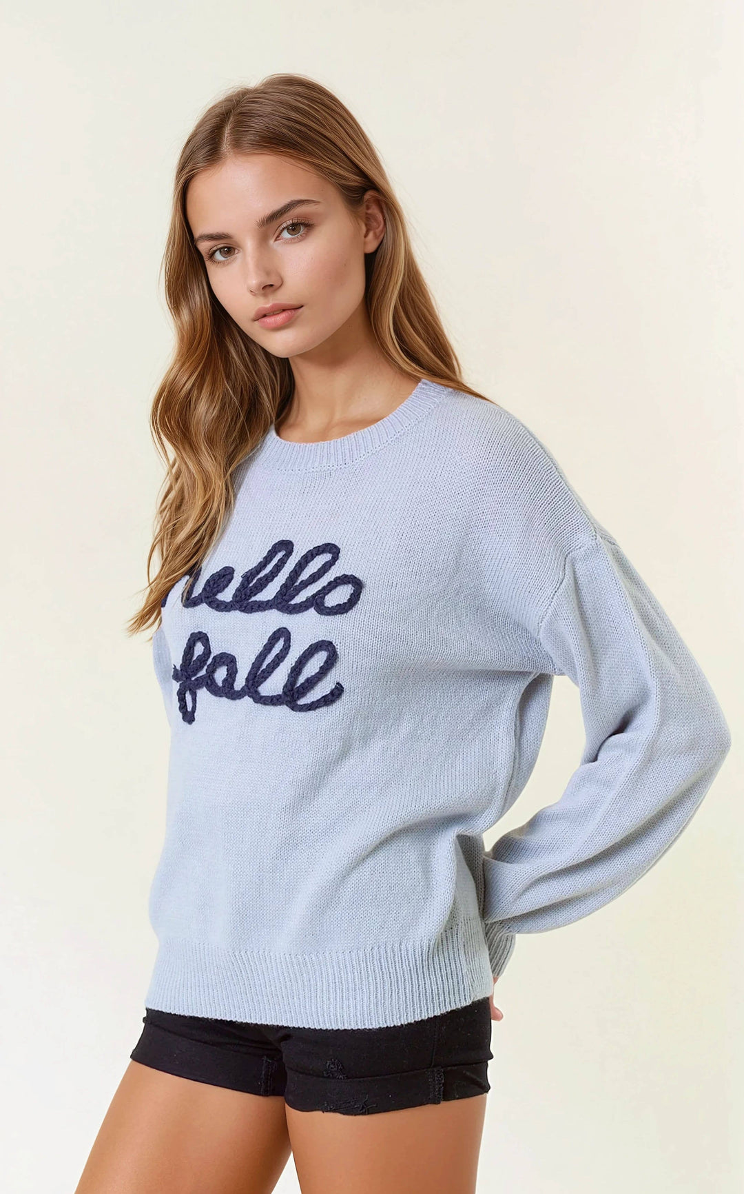 “Hello Fall” Blue Sweater