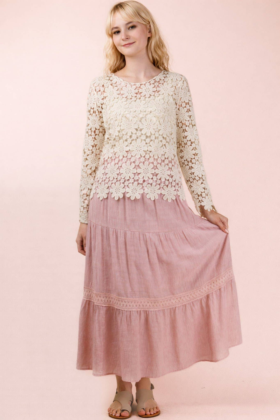 NS50200-Tiered Layers Solid Woven Mini Dress W/ Lace Trim - Baycreek & Co