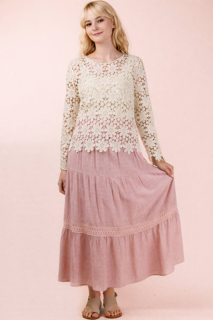 NS50200-Tiered Layers Solid Woven Mini Dress W/ Lace Trim - Baycreek & Co