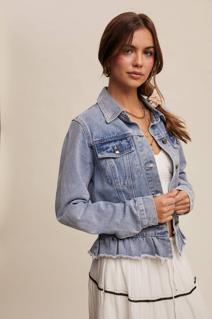 Ruffled Hem Denim Jacket - Baycreek & Co