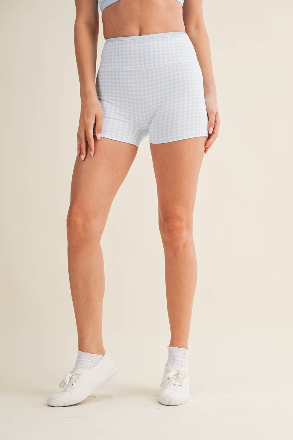 Gingham Print Contrast Binding Biker Shorts - Baycreek & Co