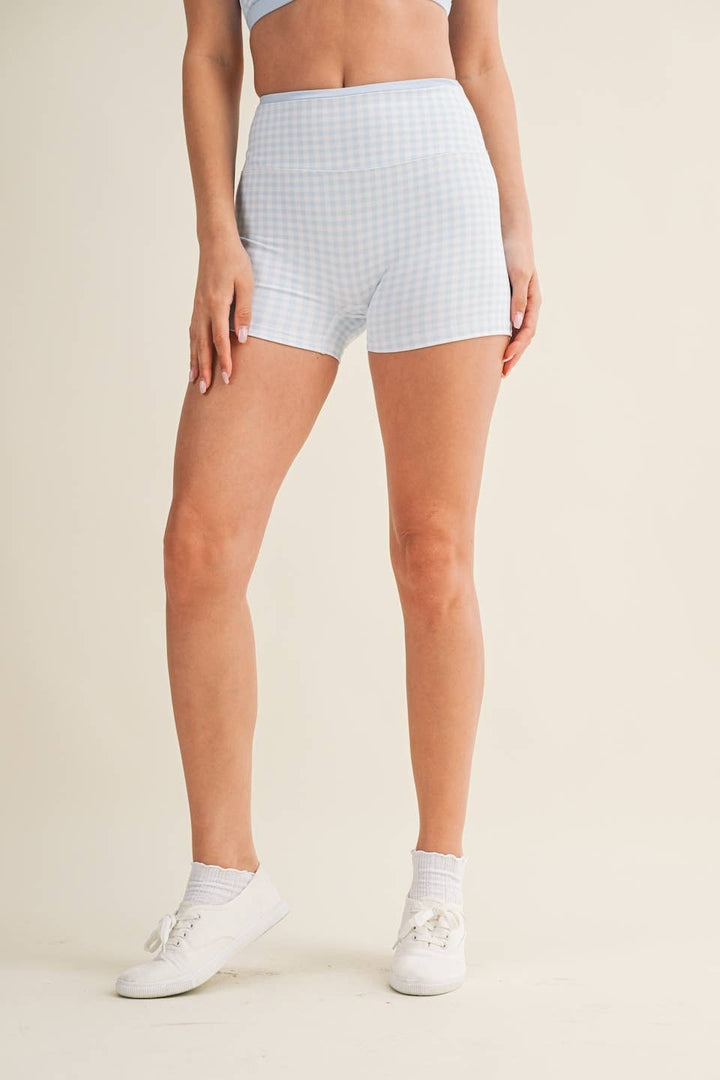 Gingham Print Contrast Binding Biker Shorts - Baycreek & Co