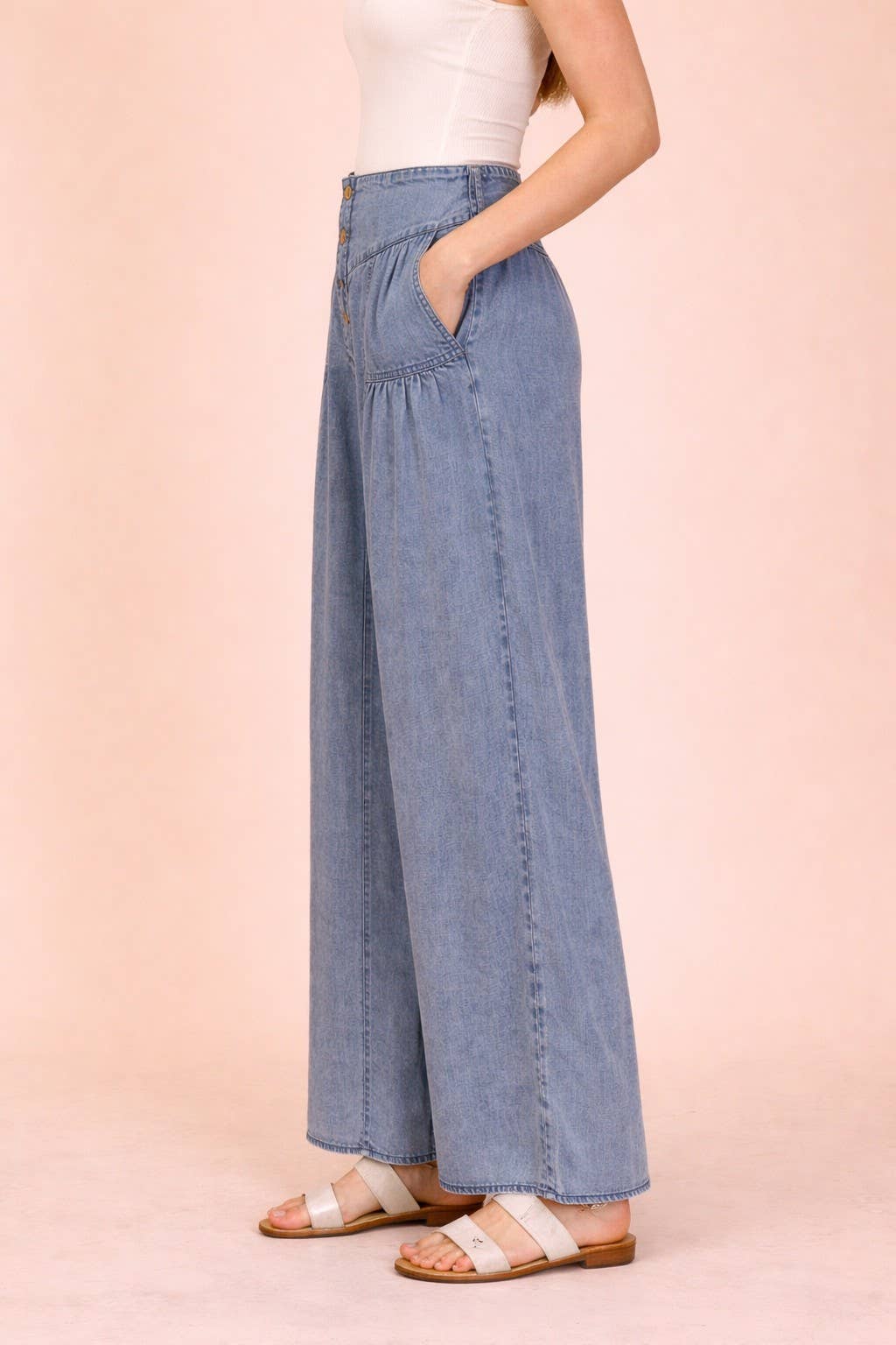 NP70935-Mineral Washed Chambray Wide Pants - Baycreek & Co