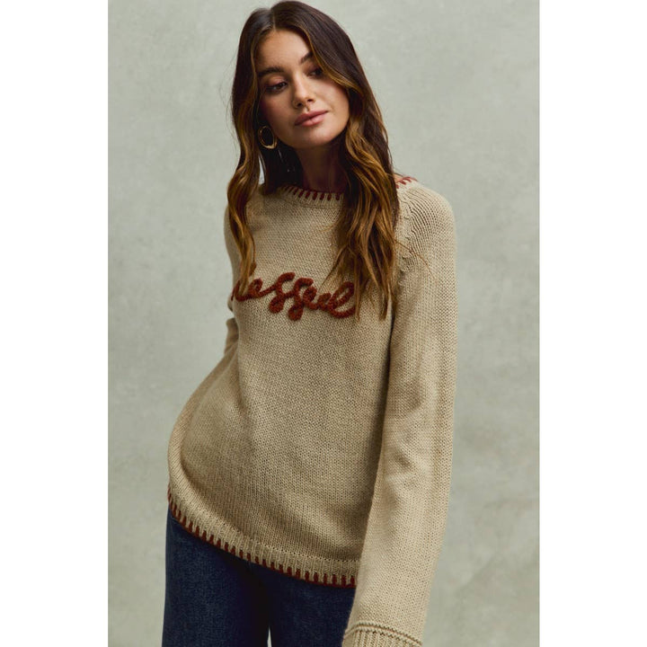 BLESSED THANKSGIVING LETTERING SWEATER TOP: OATMEAL/BRICK / M - Baycreek & Co