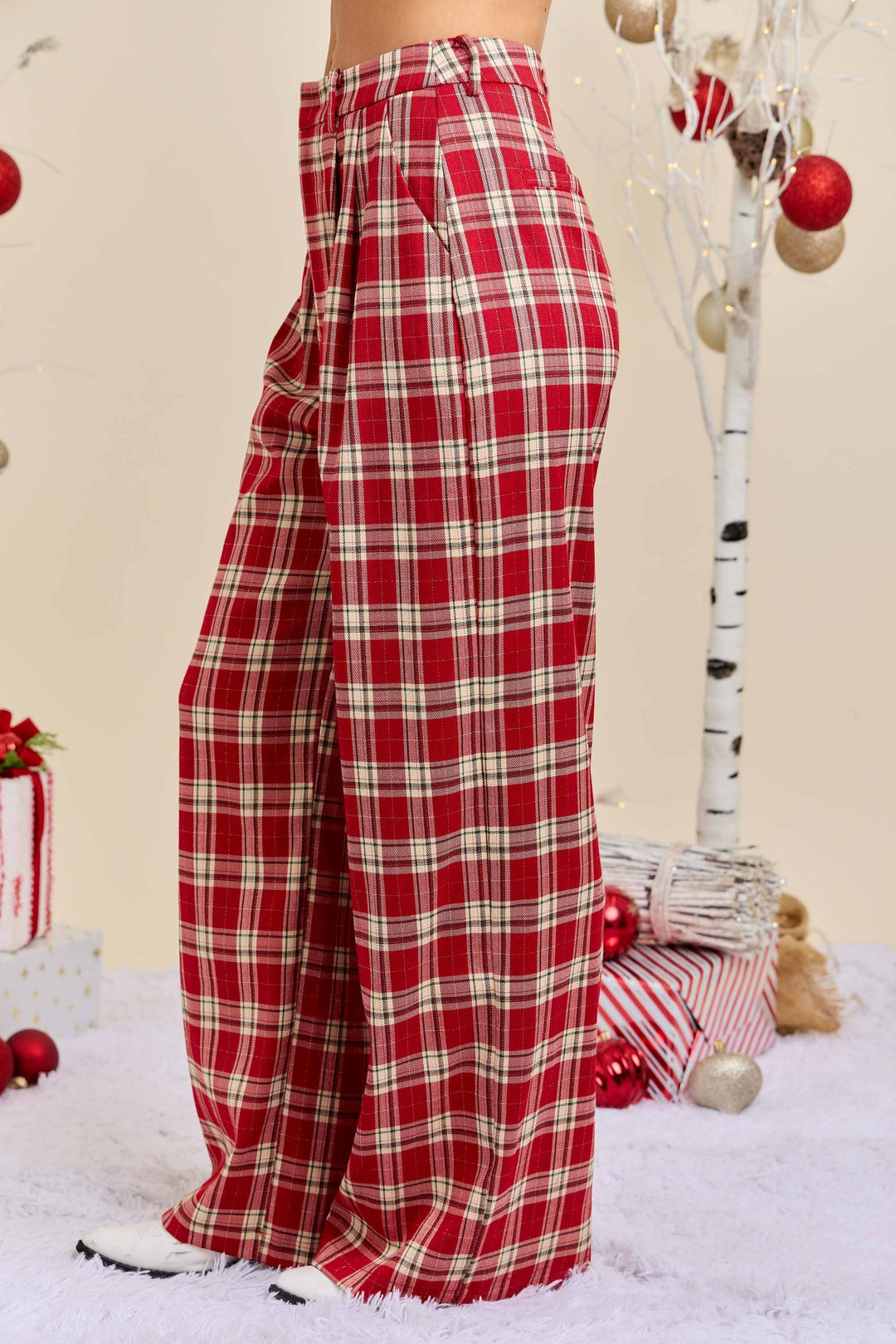 Red Plaid Wide Leg Pants