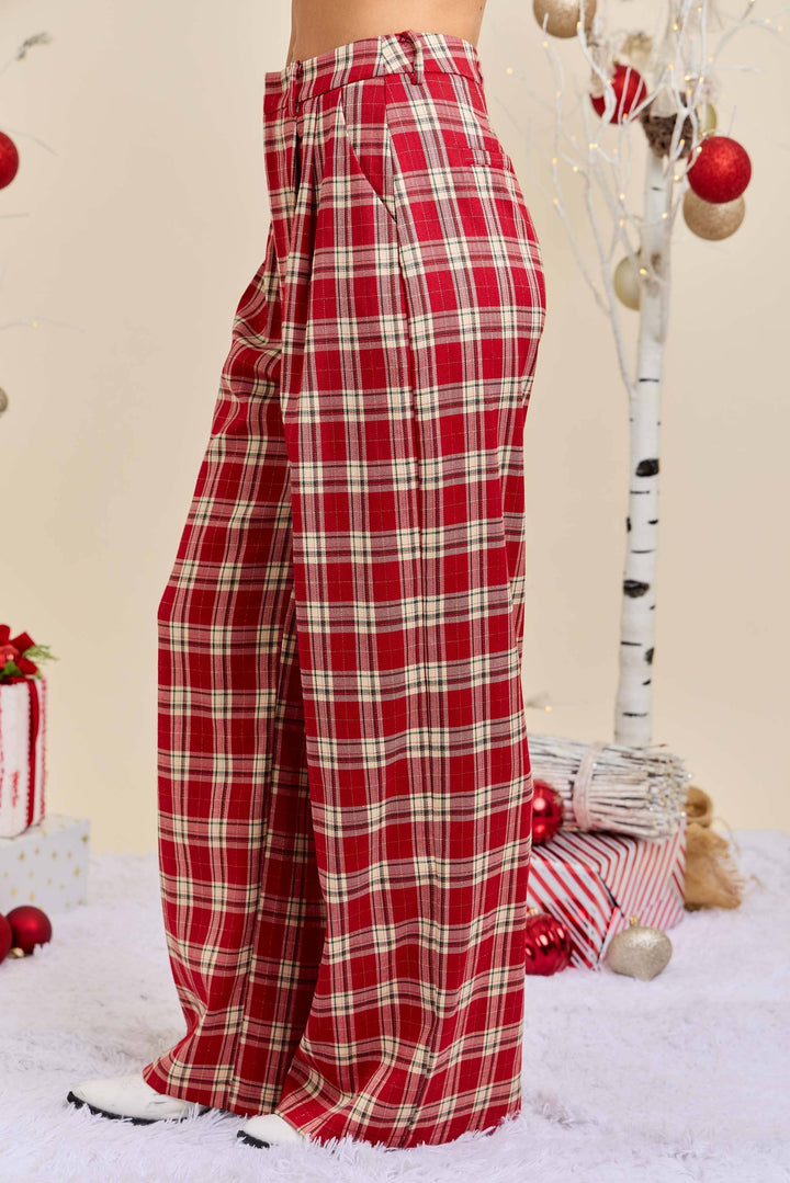 Red Plaid Wide Leg Pants