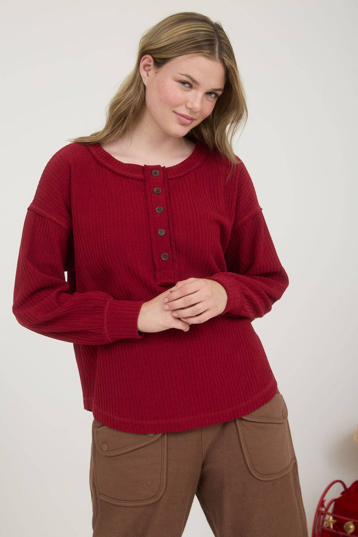 RIBBED HENLEY LONG SLEEVE EXPOSED SEAM KNIT TOP - Baycreek & Co
