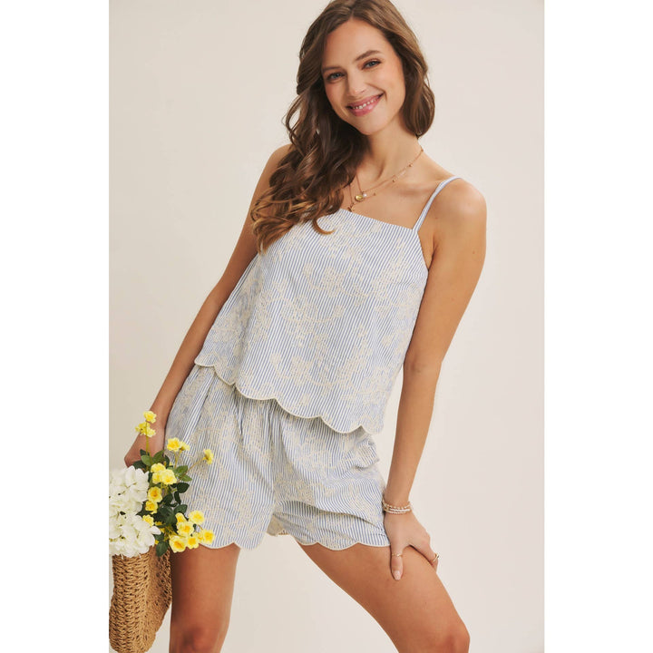 VERSATILE SUMMER STAPLE STRIPE EMBROIDERED SCALLOP SHORTS - Baycreek & Co