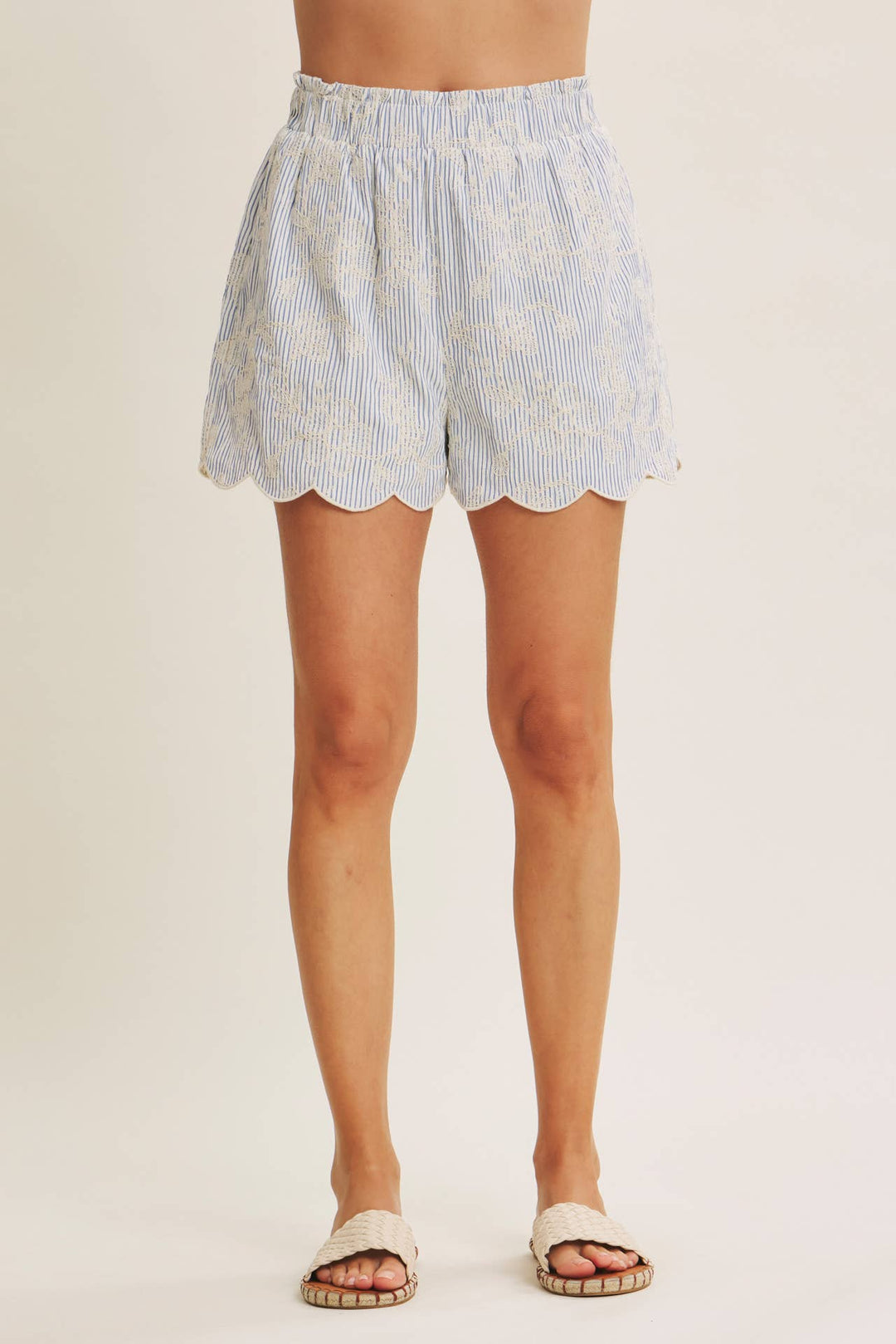 VERSATILE SUMMER STAPLE STRIPE EMBROIDERED SCALLOP SHORTS - Baycreek & Co