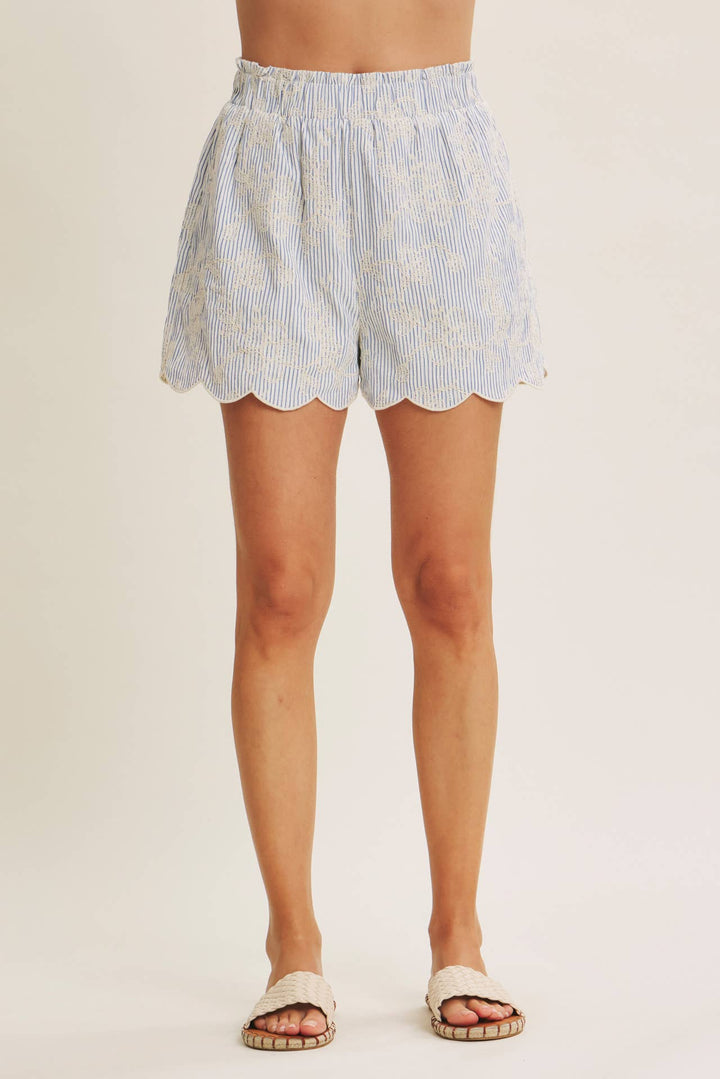 VERSATILE SUMMER STAPLE STRIPE EMBROIDERED SCALLOP SHORTS - Baycreek & Co