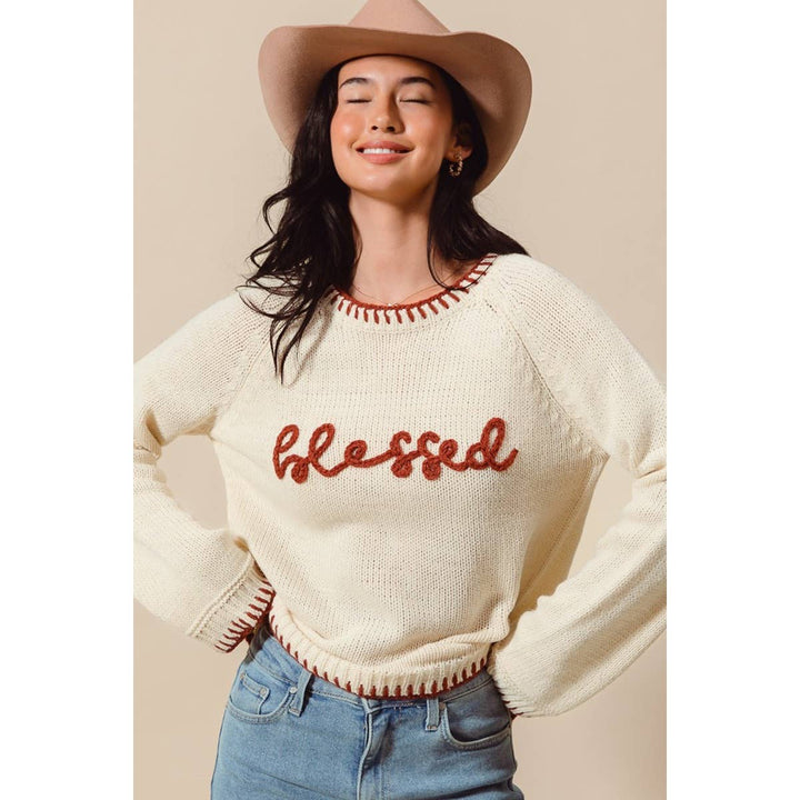 BLESSED THANKSGIVING LETTERING SWEATER TOP: OATMEAL/BRICK / M - Baycreek & Co