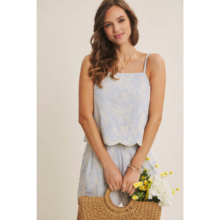 VERSATILE SUMMER STAPLE STRIPE EMBROIDERED SCALLOP TANK TOP - Baycreek & Co