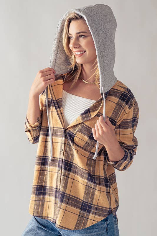 PLAID BUTTON UP FLECCE LINED HOODIE TOP: SAFFRON / S-2/M-2/L-2 - Baycreek & Co