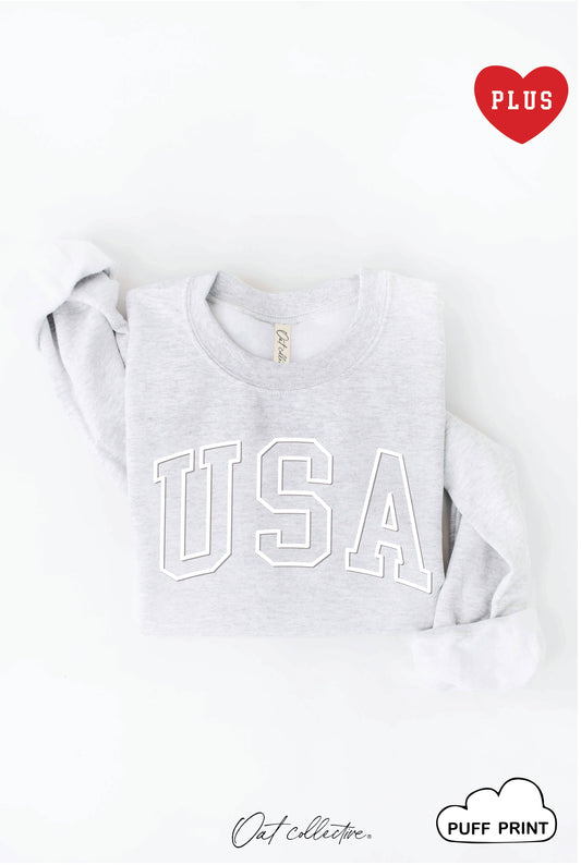 USA PUFF PRINT Graphic Sweatshirt: WHITE HEATHER(curvy)