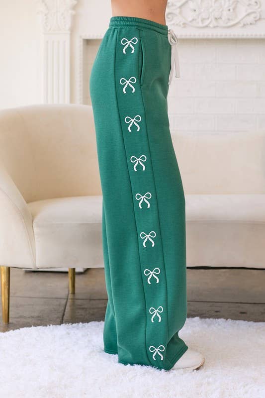 Ribbon Bow Wide Leg Fleece Pants-Plus