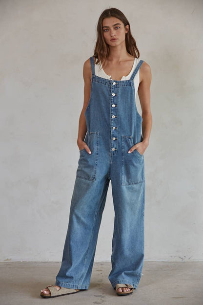 Denim Square Neck Overalls