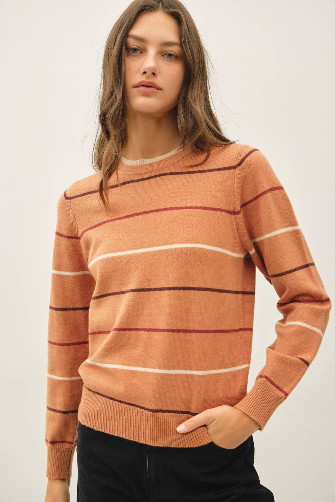DOUBLE LAYERED LOOK  STRIPE SWEATER TOP : TERRACOTTA / M - Baycreek & Co
