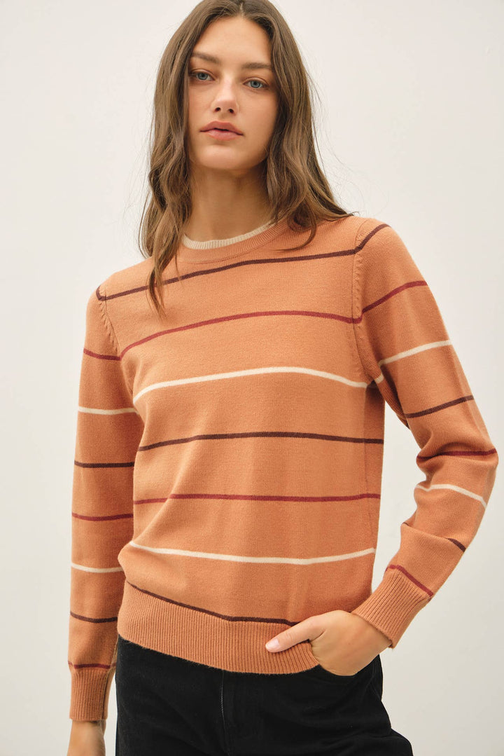 DOUBLE LAYERED LOOK  STRIPE SWEATER TOP : TERRACOTTA / M - Baycreek & Co