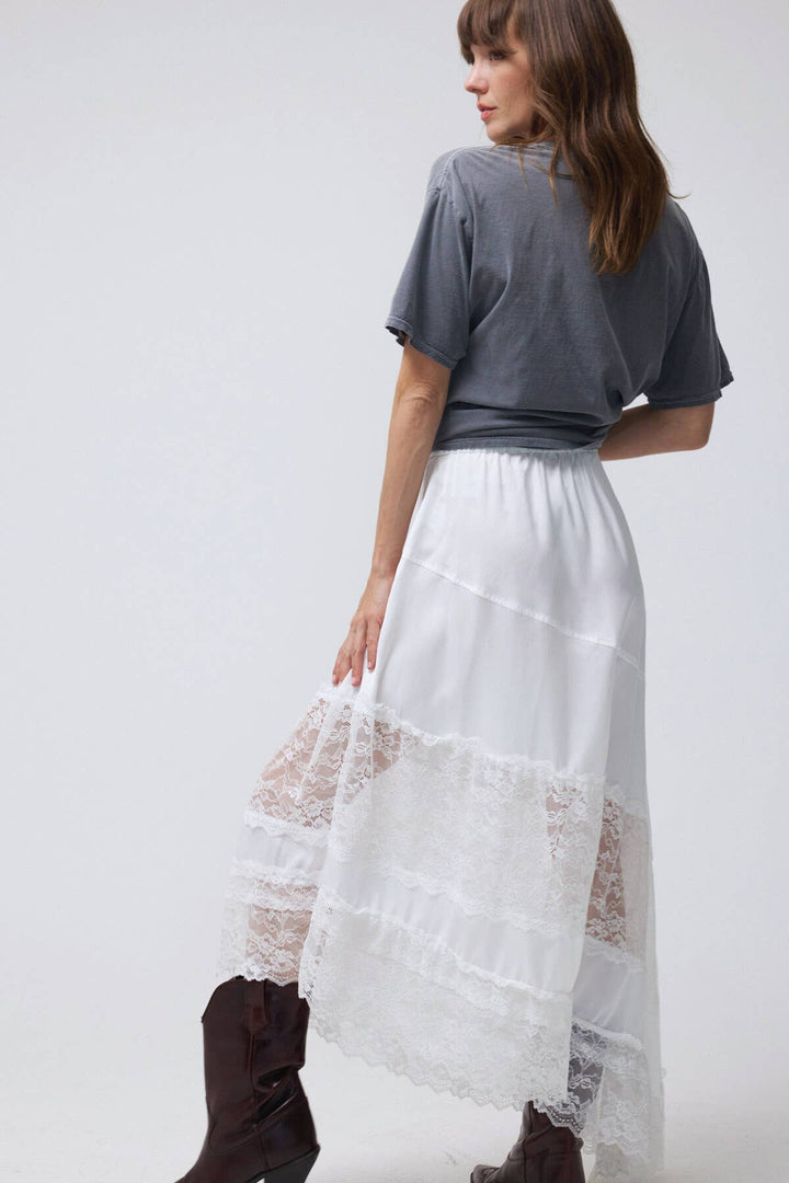 Lace Trim Asymmetrical Hem Satin Midi Skirt - Baycreek & Co