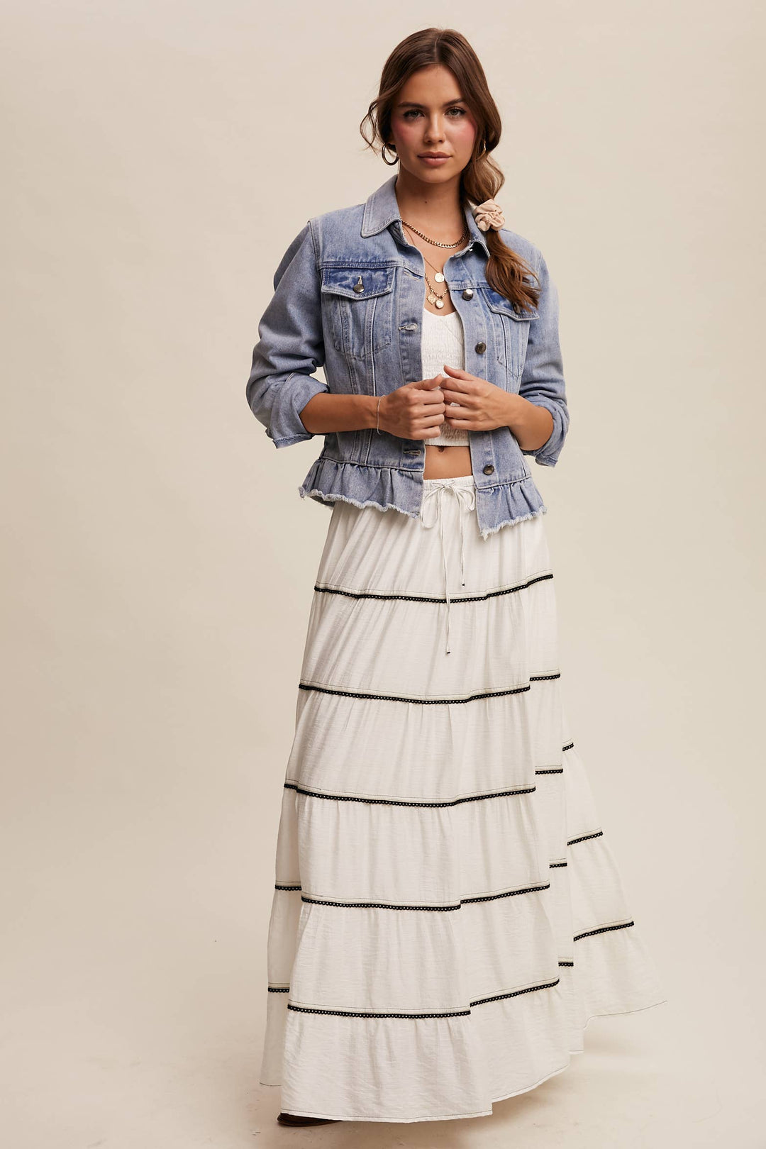 Ruffled Hem Denim Jacket - Baycreek & Co