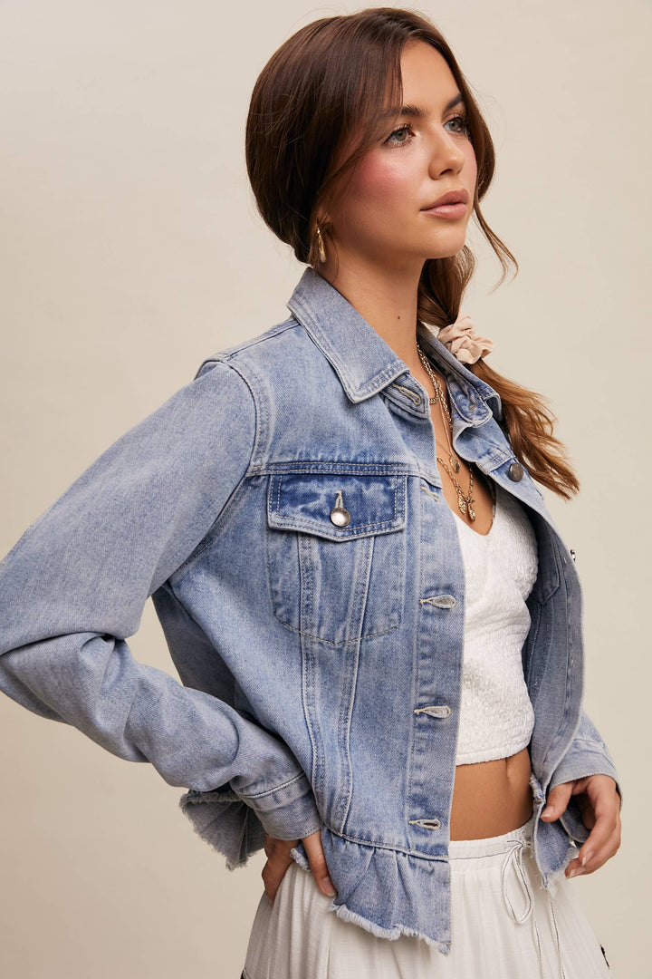 Ruffled Hem Denim Jacket - Baycreek & Co