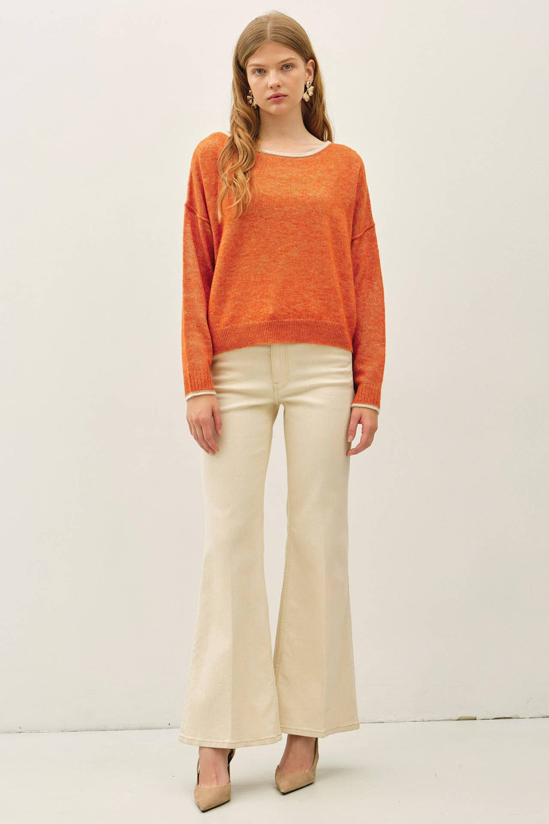CONTRAST LAYERED-LOOK BOAT NECK CROPPED SWEATER: PUMPKIN / L - Baycreek & Co