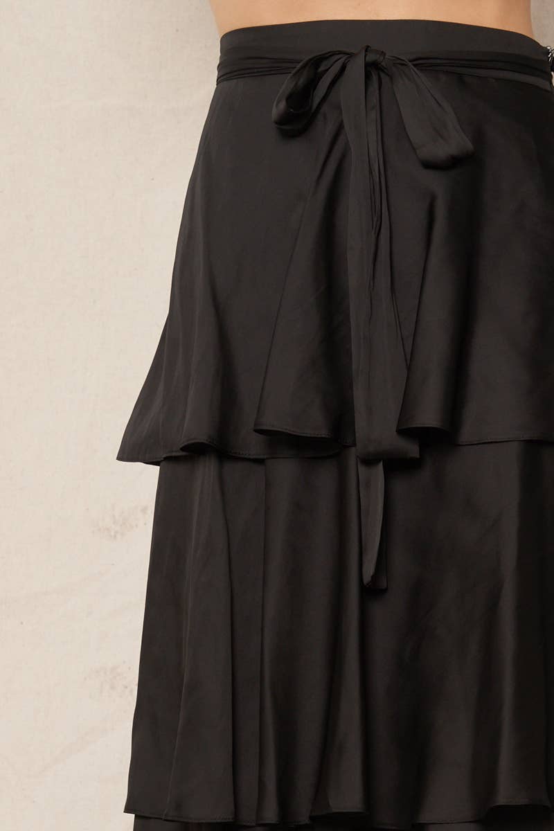 Belted Satin Tiered Midi Skirt