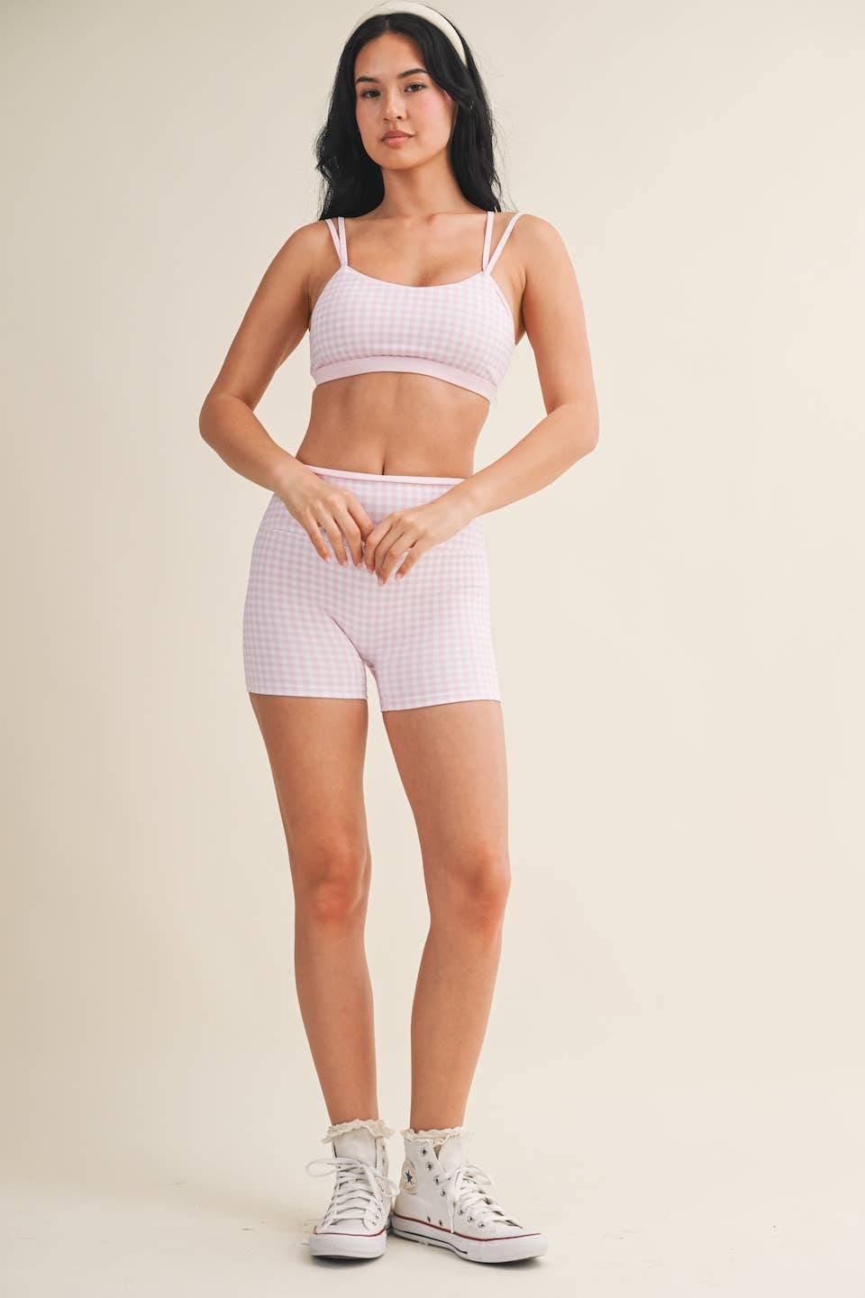 Gingham Print Double Layered Sports Bra - Baycreek & Co