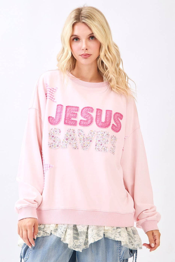 JESUS SAVES PATCHWORK CREW NECK SWEATSHIRT: ICY PINK / S-M-L(2-2-2) - Baycreek & Co
