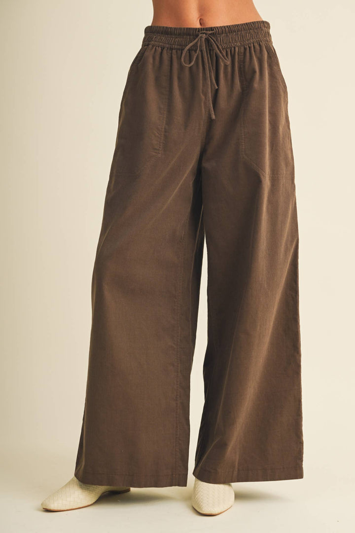 Wide-Leg Corduroy Elasticated Waist Trousers: Brown / S - Baycreek & Co