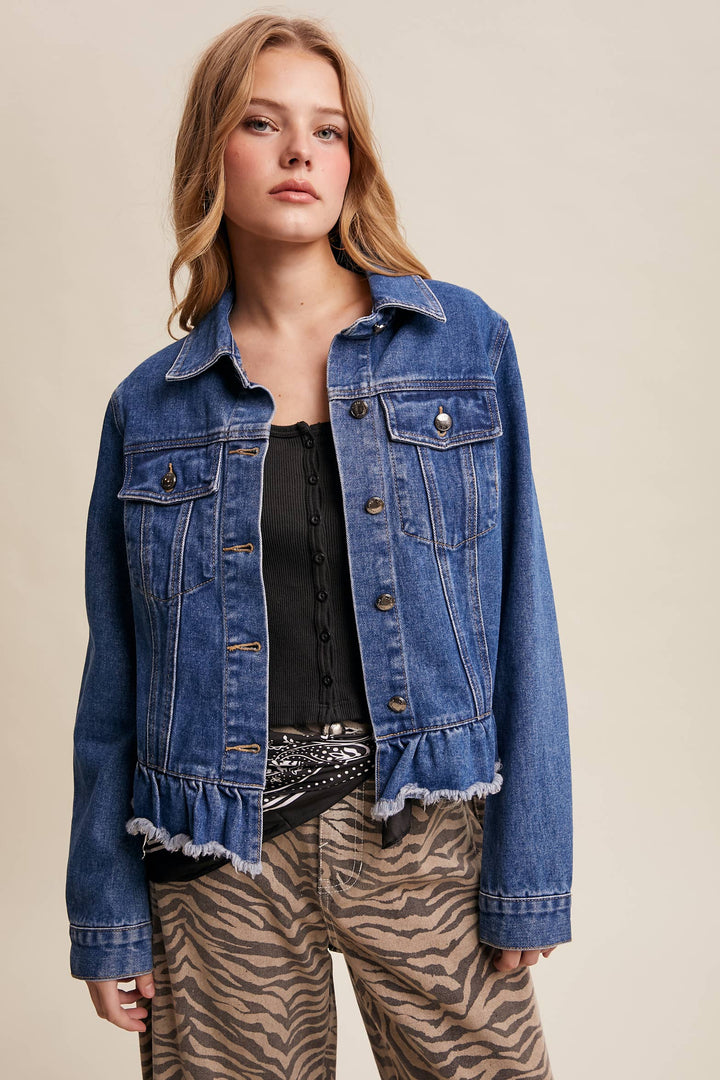 Ruffled Hem Denim Jacket - Baycreek & Co
