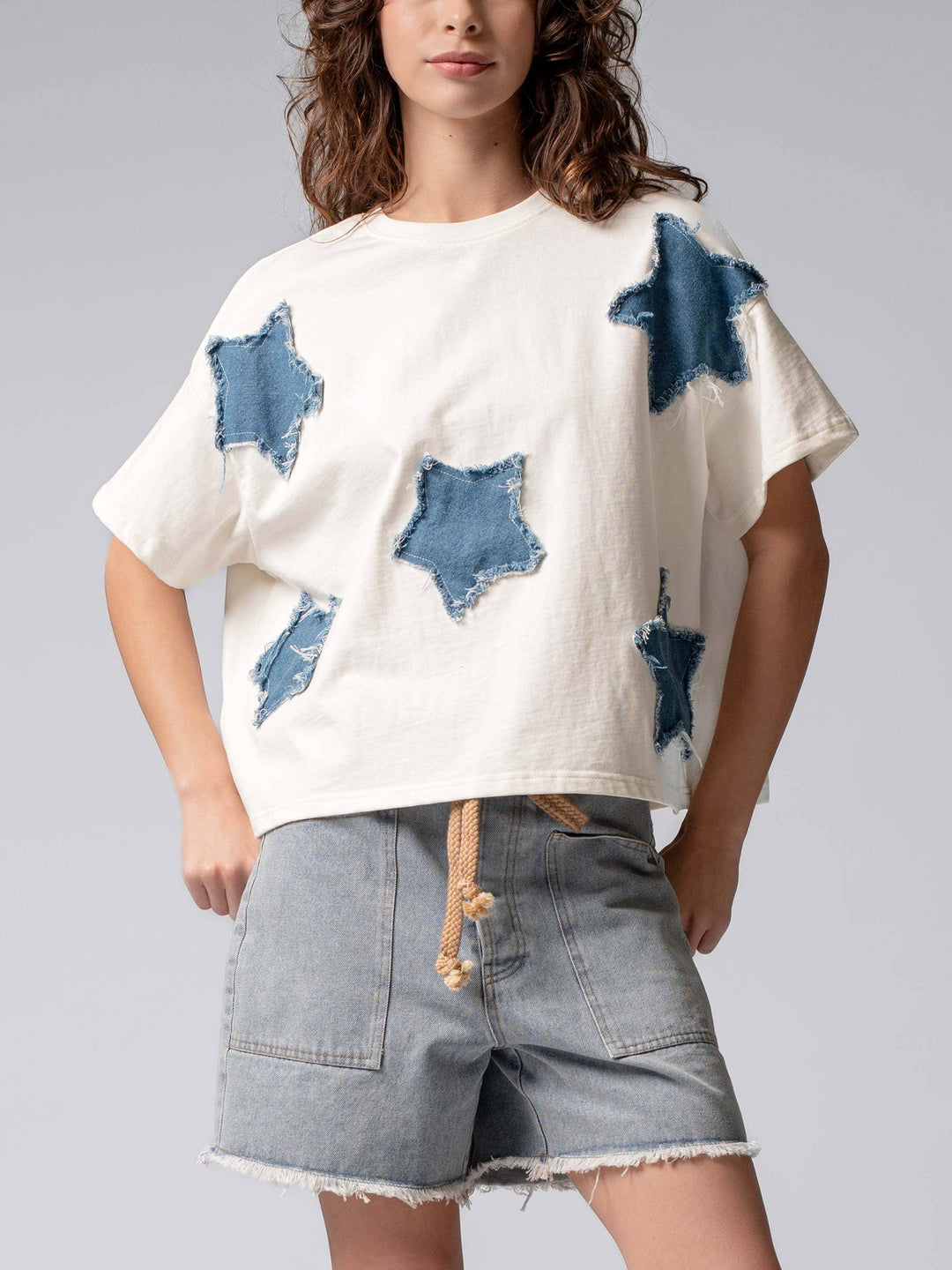 Distressed Denim Star Appliqué Cotton Tee - Baycreek & Co