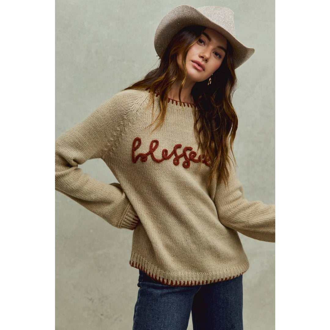BLESSED THANKSGIVING LETTERING SWEATER TOP: OATMEAL/BRICK / M - Baycreek & Co