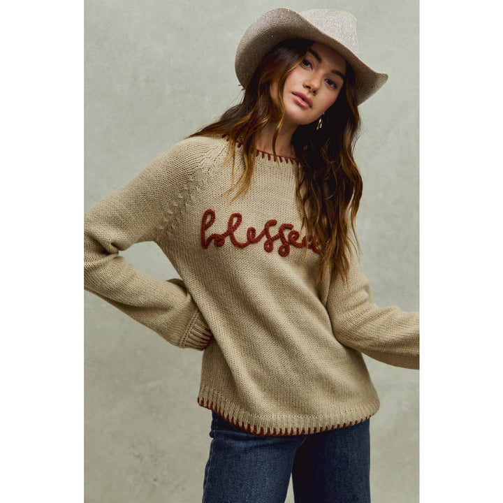 BLESSED THANKSGIVING LETTERING SWEATER TOP: OATMEAL/BRICK / M - Baycreek & Co